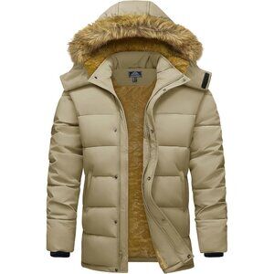 Men’s Winter Hooded Puffer Jacket khaki Quilted Coat with Faux Fur Trim.